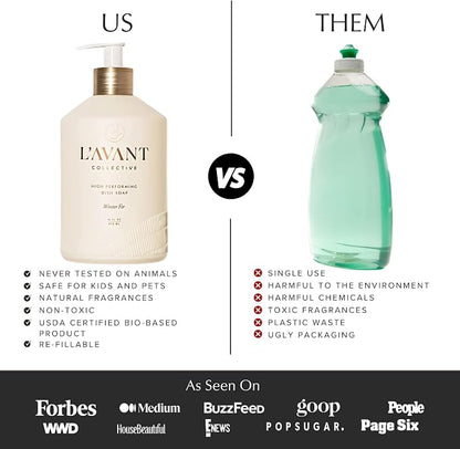 L'AVANT Natural Dish Soap, Plant-Based, Refillable Pump, Winter Fir, 16 oz | Plant-based formula, grease-cutting power, refillable glass pump bottle, gentle on hands, kid and pet safe, Winter Fir scent