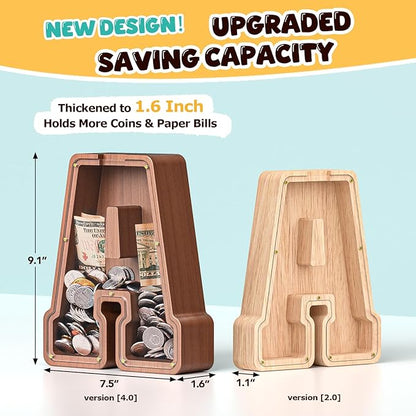 Summidate Wooden Letter Piggy Bank, Extra Thick Large Capacity Piggy Bank for Kids Boys Girls Toddler, Alphabet A Money Bank| Coin Box Birthday, Christmas, Festival