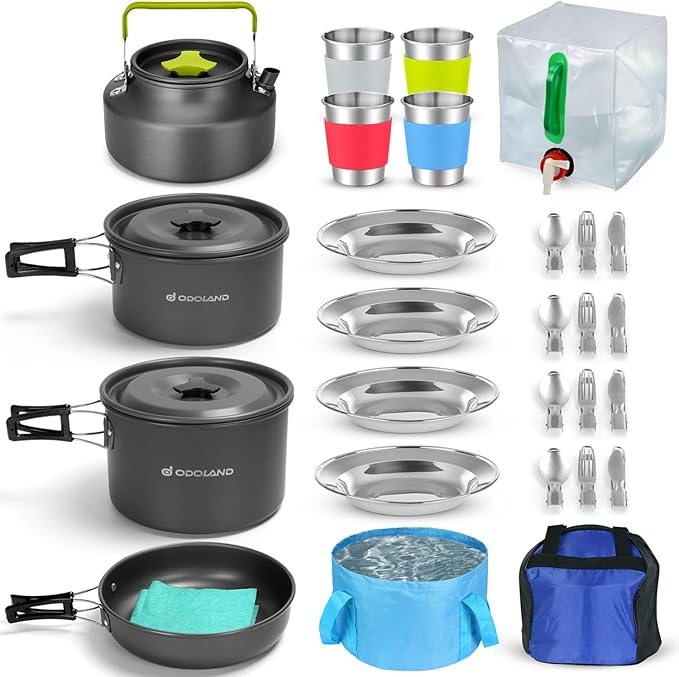 Odoland 29pcs Camping Cookware Mess Kit, Non-Stick Lightweight Pots Pan Kettle, Collapsible Water Container and Bucket, Stainless Steel Cups Plates Forks Knives Spoons for Outdoor Backpacking Picnic