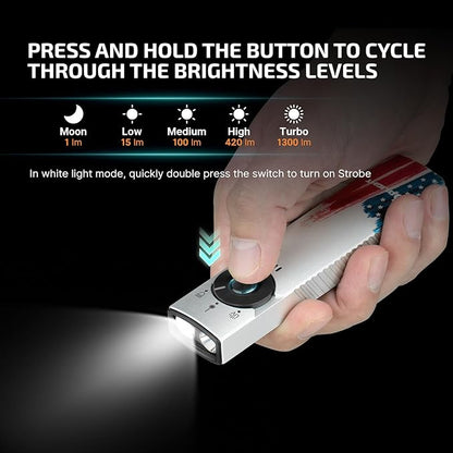 OLIGHT Arkfeld Pro Rechargeable EDC Flat Flashlight with Green Beam, UV and White LED Combo, 1300 Lumens Portable Pocket Lights, Triple Sources for Emergency Working (Stars & Stripes Edition CW)