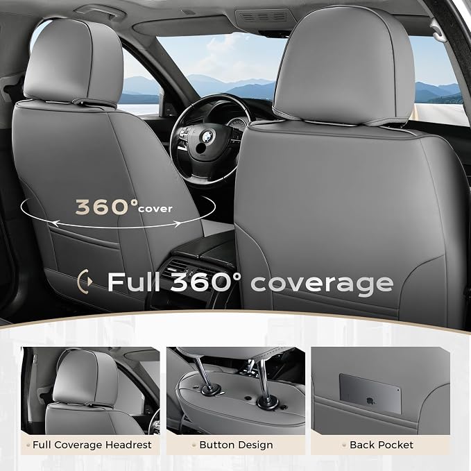 Coverado Leather Seat Covers, Gray Seat Covers Full Set, Car Seat Covers Front Seats and Back, Waterproof Faux Leather Car Seat Cushion Car Seat Protector Universal Fit for Most Cars Trucks SUV