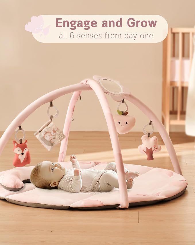 Fortella Baby Play Gym & Activity Mat, Tummy Time Mat w 5 Detachable Toys and Pillow, Large Sensory Playmat for Floor, Newborn Infant Baby Essentials Shower Gift 0-3-6-9-12 Months (Rose Pink)