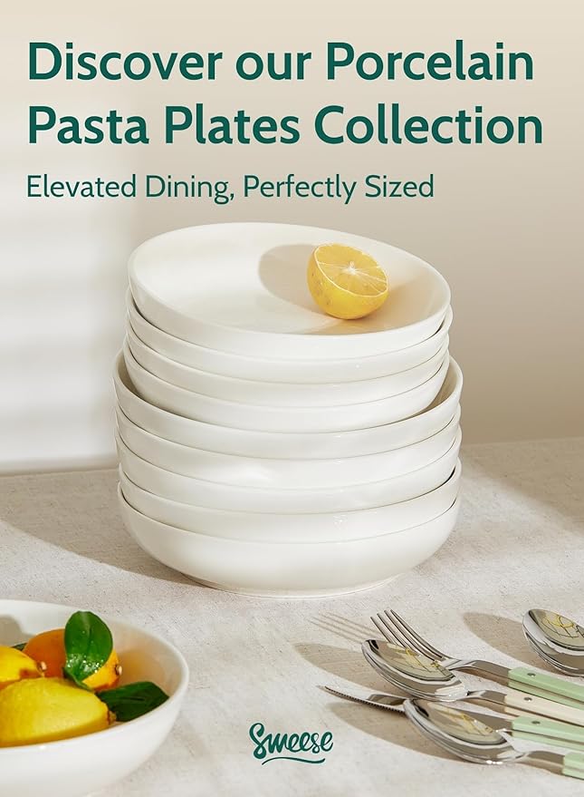 Sweese 22oz Porcelain Pasta Bowls Set of 6-7.6 Inch White Salad Serving Plates, Microwave Dishwasher Safe Dinnerware
