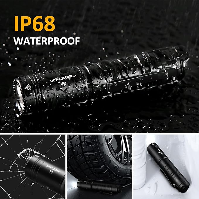 V6 1300 Lumens Rechargeable Flashlight, Compact & Powerful LED Flashlights with Type-C Fast Charging, Smart Battery Indicator, 6 Light Modes, IP68 Waterproof for Outdoor, Camping, Emergency