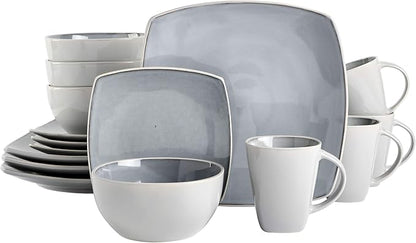 Gibson Elite Soho Lounge Square Reactive Glaze Stoneware Dinnerware Set, Service for 4 (16pc), Light Gray