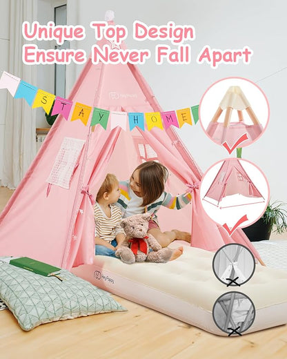 6 Pack Teepee Tent for Kids with Inflatable Airbed, Light, Toddler Tent Children Room Tents, Slumber Party Sleepover Tents, Indoor Outdoor Kids Playtent Playhouse for Girls & Boys
