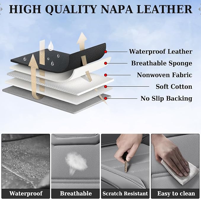Coverado Car Seat Covers Full Set, Seat Covers for Cars, Car Seat Cover, Car Seat Protector Waterproof, Leather Car Seat Cushion, Universal Car Interior Covers Seat Protectors for Most Cars Gray