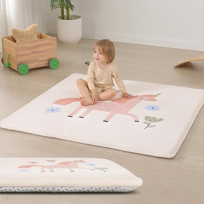 Baby Play Mat for Floor,1.3" Thick Cushioned Playpen Mat 50"x50",Extra Soft Elasti-Foam,Water Repellent Coral Velvet,Non-Slip for Crawling&Tummy Time,Infant Toddler Kids Nursery Rug(Unicorn)