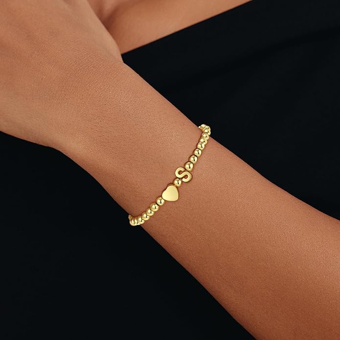 Gold Initial Bracelets for Women Girls - 18K Gold Plated A-Z Heart Initial Bracelet Dainty Beaded Bracelet Gold Bracelets for Women Teen Girl Gifts Trendy Stuff
