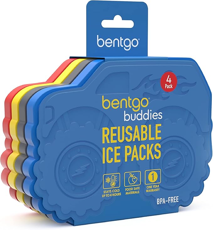 Bentgo Buddies Reusable Ice Packs - Slim Ice Packs for Lunch Boxes, Lunch Bags, and Coolers - Multicolored 4-Pack (Truck)