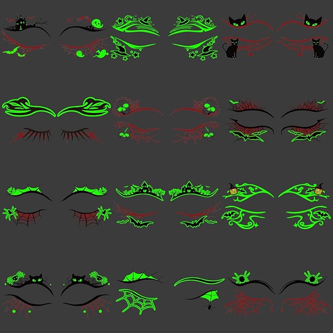 Glow in Dark Halloween Eyeliner Temporary Tattoos for Adults, 12 Pairs Luminous Eyes Fake Tattoos, Gothic Spooky Designs with Spiders Web, Bats, Cats, Skulls, Black