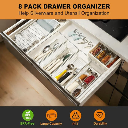 Hudgan 8 Pack Clear Plastic Drawer Organizers Set, Stackable Deep Drawer
