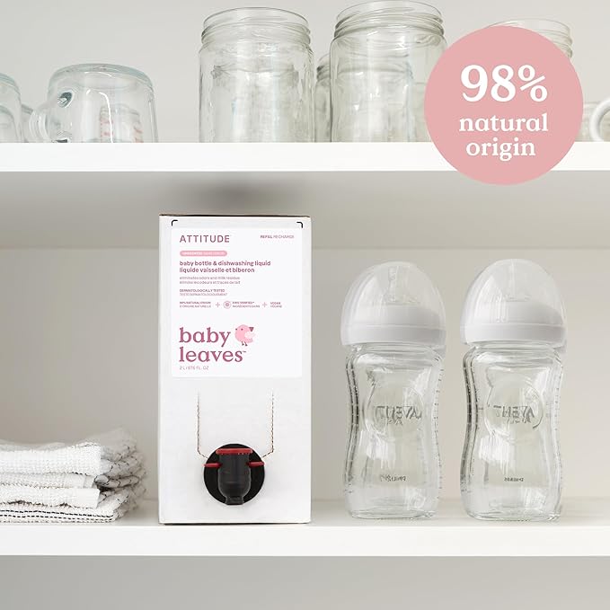 ATTITUDE Baby Bottle & Dish Soap, EWG Verified Bottle Cleaner, Fragrance Free & Dye Free, Removes Milk Residue & Grease, Vegan, Bulk Refill, Unscented, 67.6 Fl Oz