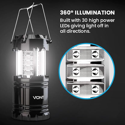 2 Pack LED Camping Lantern, LED Lanterns, Suitable Survival Kits for Hurricane, Emergency Light for Storm, Outages, Outdoor Portable Lanterns, Black, Collapsible, (Batteries Included)