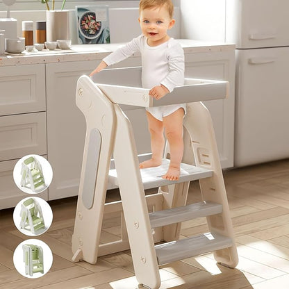 Toddler Tower Kitchen Stool Helper,Foldable/Adjustable Height Kids StandingTower Stool W/CPC Certification,for Kitchen Counter Bathroom Sink Cooking Child Ladder for Toddlers W/Safty Rail(Khaki Grey)