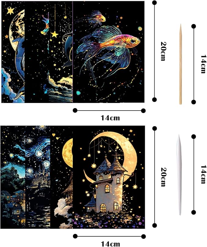 Georgie Porgy Scratch Paper Art Set for Kids Adults Magic Rainbow Scratchboards for DIY Arts and Crafts Kits Christmas Birthday Gift with Scratching Tools Kit (A5-Noctilucent Castle + Sea Animals)