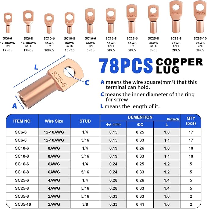 Sanuke Battery Cable Lug Crimping Tool for AWG10-1/0, Wire Crimper with 78pcs Copper Lug Ring Terminal Connectors, 110pcs Heat Shrink Tubing, Electrical Wire Crimping Tool Set