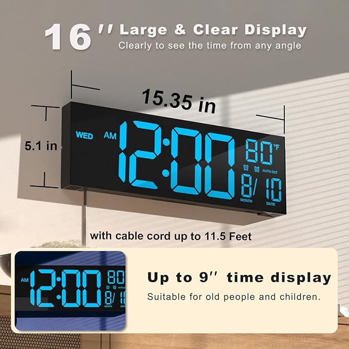 JALL 16" Large Digital Wall Mount Clock, Count Down Timer, Big LED, Temperature