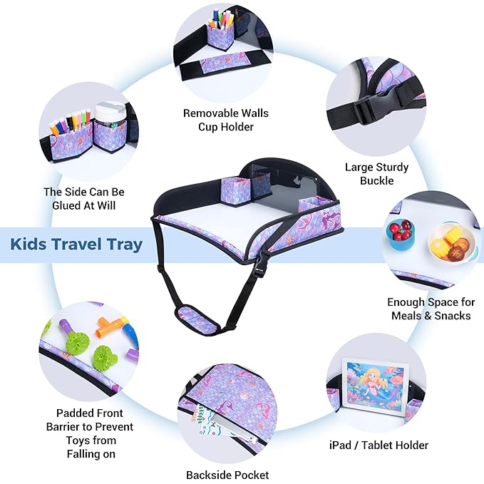 COOLBEBE Kids Travel Tray for Toddler Car Seat, Travel Tray for Airplane, Toddler Car Seat Lap Tray, Carseat Table Tray for Kids Travel Activities (Mermaid