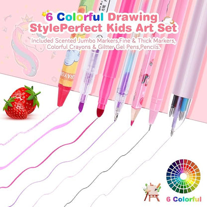 53PCS Fruit Scented Markers Set - Art Coloring Drawing Kits for Kids with Unicorn Pencil Case, Art Supplies for Kids Ages 4 6 8,Stationary Set Pencil,Crayon&Markers Stuff,Birthday Gifts Toys for Girls