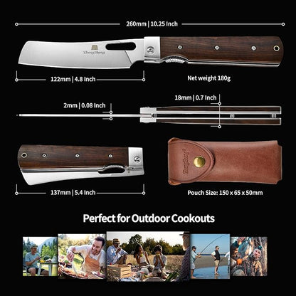 Folding Chef Knife with Leather Pouch 4.8" Sharp 440A Stainless Steel Blade Wooden Handle Pocket Foldable Japanese Style Kitchen Knife for Outdoor Camping Cooking.