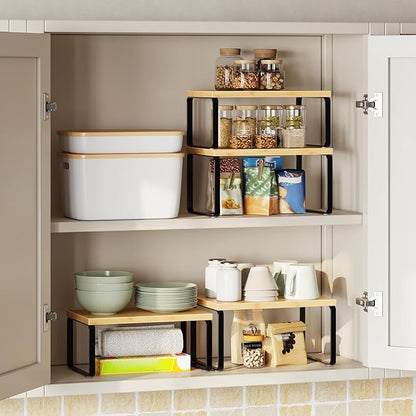 HOOBRO Cabinet Organizer Shelf, Expandable Kitchen Storage, Stackable Bamboo