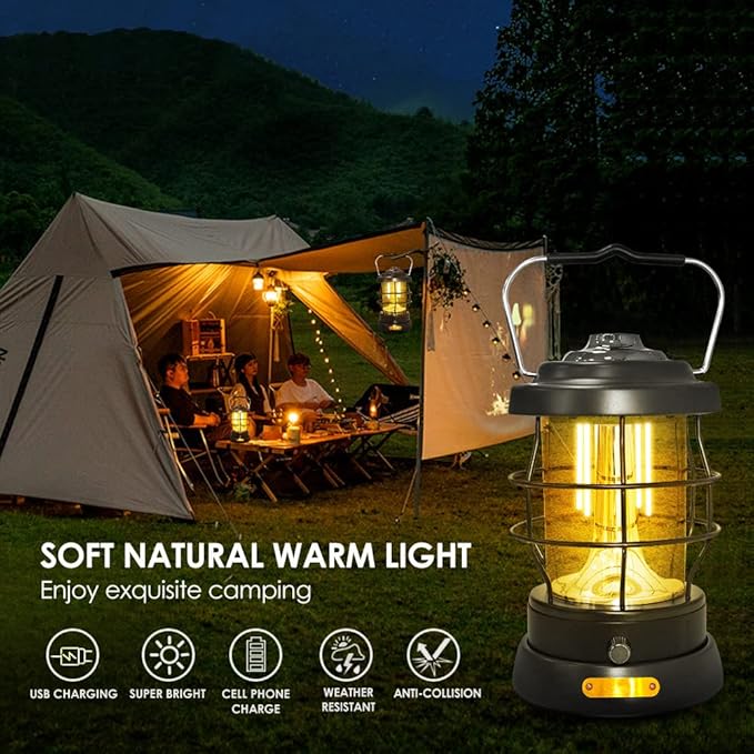 UniqueFire Retro Camping Lantern Rechargeable 1500LM 2 Modes Dimmable,Portable Electric Hurricane Lamp Hands-Free Flashlight,5000 mA High Capacity Battery LED Lanterns for Power Outages Indoor