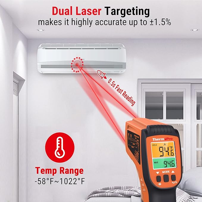 ThermoPro TP450 Dual Laser Temperature Gun for Cooking, Digital Infrared Thermometer for Pizza Oven Grill, Laser Thermometer Gun with Adjustable Emissivity Temp Gun -58℉to 1022℉(Not for Human)