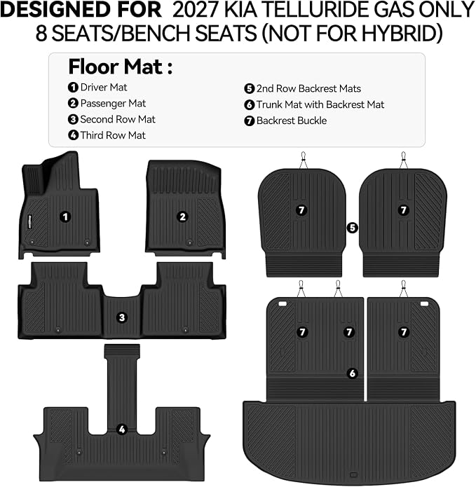 Floor Mats for 2027 Kia Telluride Gas Only 8 Seats/Bench Seats (Not for Hybrid), Trunk Mat with Backrest Mat and 2nd Row Backrest Mat All Weather TPE Protector for Kia Telluride Accessories