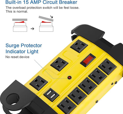 Heavy Duty Power Strip with USB, Workshop 8 Outlet Surge Protector 2700 Joules