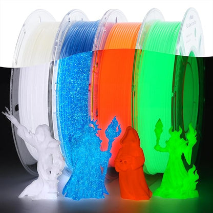 AMOLEN Glow in The Dark 3D Printer PLA Filament Halloween Bundle, Glow Filament Shiny Firefly Blue, Orange, Green and White, 1.75mm PLA Filament, Dimensional Accuracy +/- 0.02 mm, 200g X 4 Pack