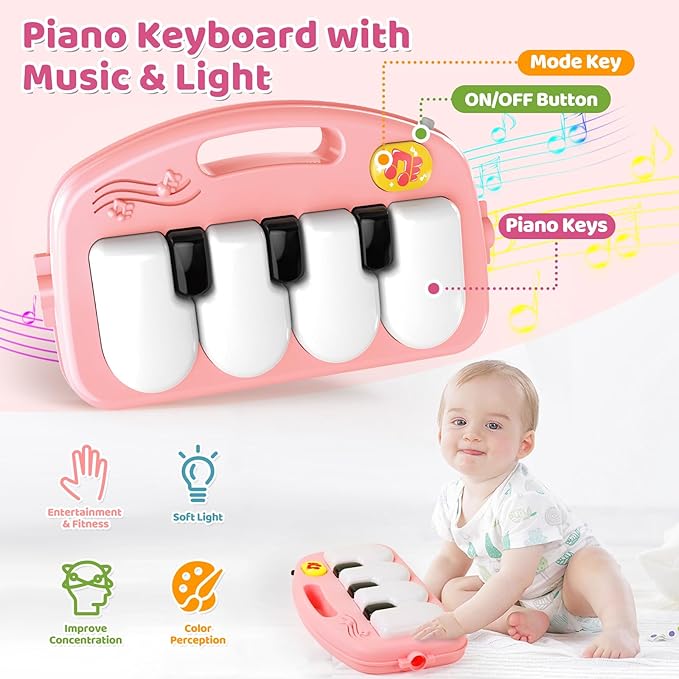 2 in 1 Baby Gym Play Mat with Walker, Kick and Play Piano Gym Activity for Boys Girls, Musical Activity Center Tummy Time Mat for 0-3-6-12-18 Months, Learning Walker Play Gym for Infant Girl Gift(RED)
