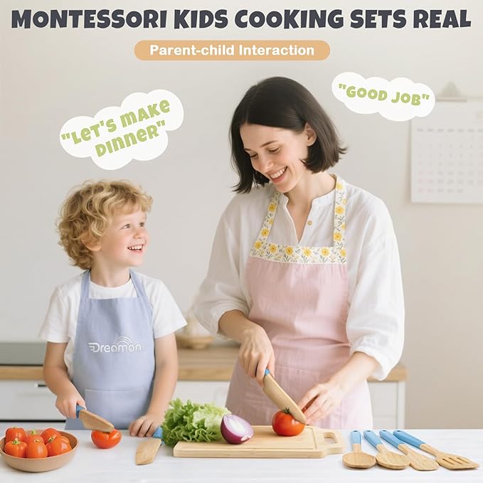 29 PCS Wooden Kids Cooking Set, Toddler Montessori Cooking & Baking Kitchen Tools for Real Cooking, 3 Knifes, Real Cutting Board, Apron, Kid Safe Kitchen Utensils for 3+ Year Old Boys Girls Gift