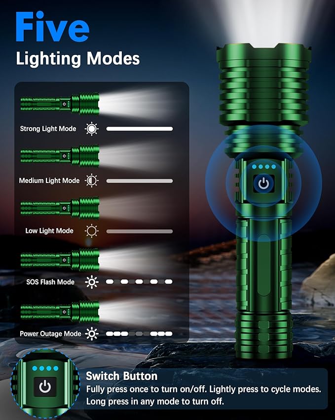 Super Bright Rechargeable LED Flashlights 5000.000 High Lumen, Flashlight Up to 25H Long Battery Life| Zoomable| 5Light Modes| IP67 Water Resistant, Tactical Flashlight for Camping (Green)