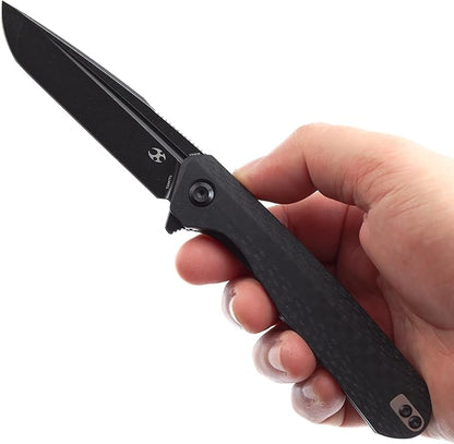 KANSEPT Qilin Pocket Knife,3.24'' Blackwash 154CM Sharp Tanto Blade, Black Carbon Fiber & G10 Handle for Edc, Flipper and Liner Lock with Double-Sided Clip, Men Camping Survival Folding Knives T1047T1
