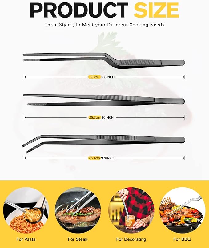 Fine Cooking Tweezers Set, Professional Stainless Steel Food Tongs, Kitchen Black Long Chef Tweezer for Cooking, Plating, Decorating and BBQ (BLACK, 10 inch)
