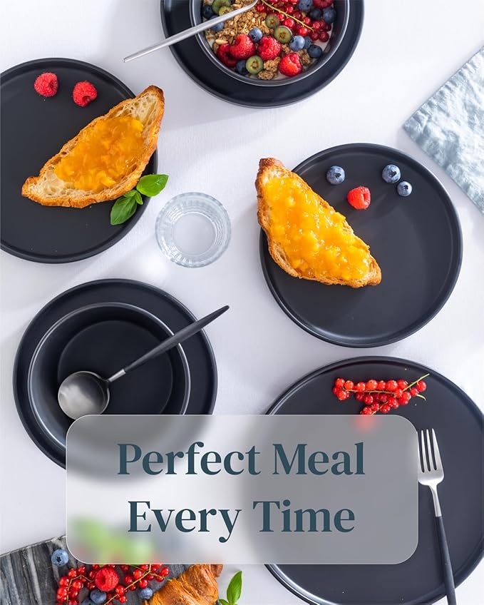 Stoneware dinnerware set 4 persons 16 pcs – Matte black ultra chic plates and bowls set – Dishwasher and microwave safe – Bowl and plate set – Dinner service Pure Living