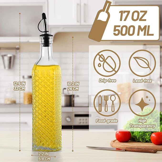 3-Pack Glass Oil Dispensers 500ML/17OZ, Oil and Vinegar Bottles Set