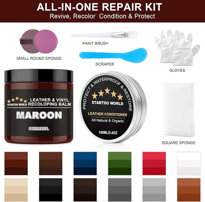 STARTSO WORLD 200Ml Leather Recoloring Balm with 100ML Leather Conditioner, Maroon Leather Repair Kit for Furniture, Leather Dye, Leather Scratch Repair, Leather Couch Paint