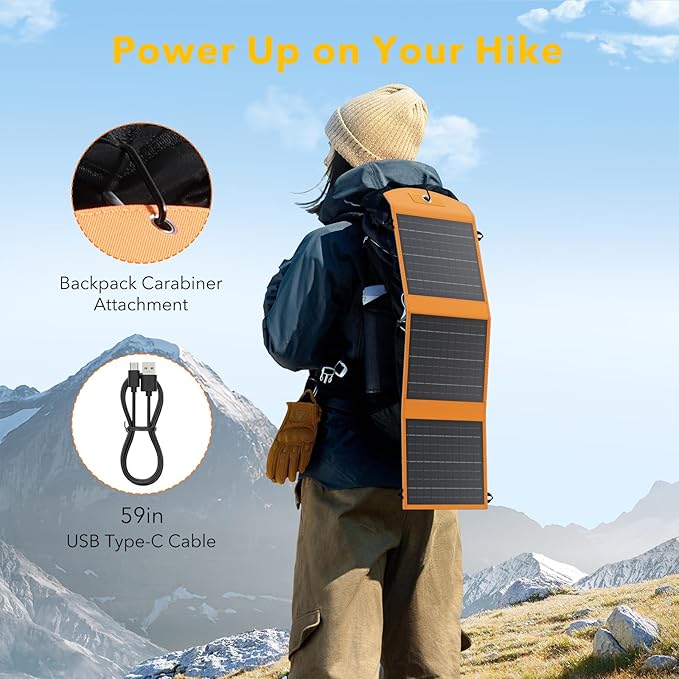 Solar Panels 30W Portable Foldable Solar Charger with 5V USB-A and USB-C Fast Charging Compatible with iPhone, iPad, Samsung, Power Banks, IPX5 Waterproof Perfect for Camping, Hiking, Outdoor