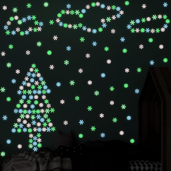 100PCS Removable Colorful Glow In the Dark Snowflake Wall Decor Fluorescent Noctilucent Plastic Glowing Snowflakes Wall Stickers Christmas Decal for Wall Ceiling Kids Girls Nursery Bedroom Living Room