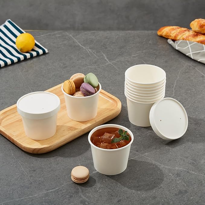 JOLLY PARTY 50pack 12oz Paper Soup Containers with Lids, Disposable Paper Food Cups, Ice Cream Cups, Food Storage with Lids, Microwavable and Freezer Safe, Suitable for Christmas Thanksgiving(White)