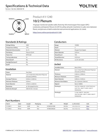 Voltive 10/2 Speaker Wire, Plenum CL3P, 250ft