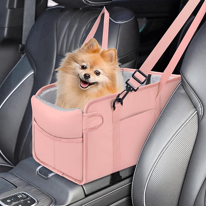 Portable Dog Car Seat for Small Dogs - Adjustable Safety Leash, Washable Cushion & Storage Pocket - Pet Booster Seat for Car Travel- Pink