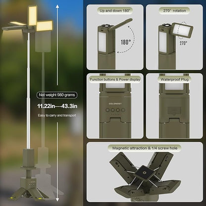 Wireless Magnetic Camping Light with Telescoping Pole (285-1100mm) - 3 Mode Dimmable LED, 14000mAh Portable Power, Waterproof Design for Tent & Outdoor Emergencies