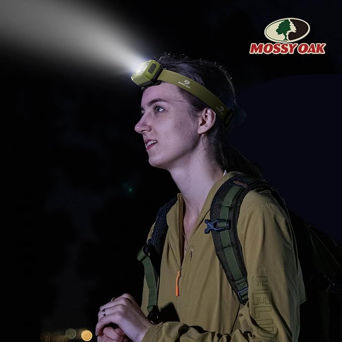 Mossy Oak 600 Lumens Rechargeable Headlamp, Lightweight LED Headlight with White & Red Light, Waterproof Head Lamp with Non-Slip Band, Dimmable & Memory Function for Camping, Running, Hiking, Outdoor