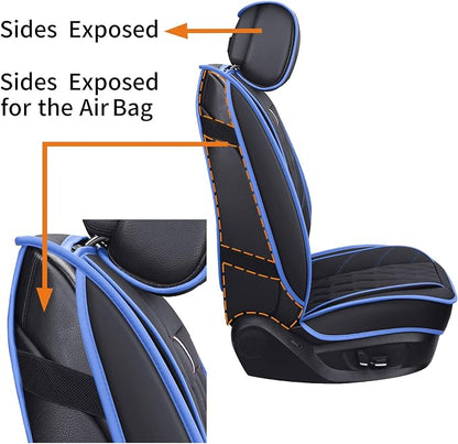 Aierxuan Front Seat Covers for Cars, Waterproof Leather for Nissan Chevy Malibu Kia Soul Sorento Hyundai Elantra Tucson Accent Sonata Kona Outlander Galant (2 PCS Front, Black-Blue)