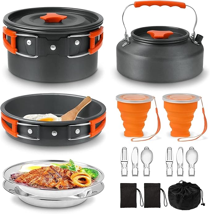 Camping Cooking Set Camping Cookware Outdoor Aluminum Mess Kit with Frying Pan, Pot with Lid, 1.2L Kettle Set and 2 Stainless Steel Plate, 2 Folding Cups and 2 Set Knives Spoons for Backpacking Picnic