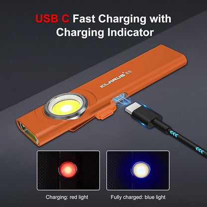 klarus E5 Pocket Flashlight, Rechargeable EDC Flashlight, Super Slim 4.2x1x0.3inch, 600 Lumens, USB-C Port, IPX4, Dual Light Source with Magnetic Base, Hat & Clothes Clip - Orange