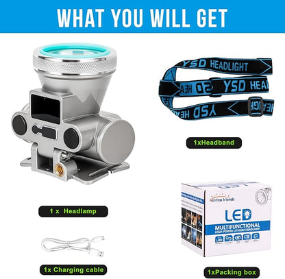 High Brightness LED Headlamp with Display Screen Rechargeable USB-C Waterproof Headlight with Runtime Indicator 4 Lighting Modes Light for Camping, Work, Hunting, Fishing (Mode 502 - White Light)